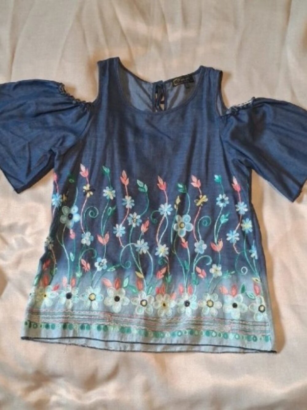 Minkas Boho Floral Embroidered Cold Shoulder Blouse Large - Picture 9 of 9